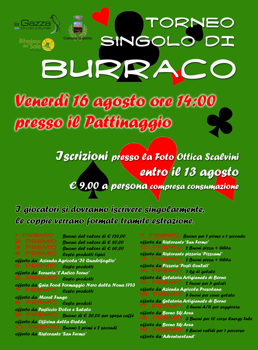 16 agosto 2024 ore 14.00 Pattinaggio - Borno: Torneo di Burraco